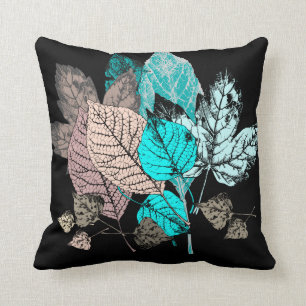 Colourful Leaves on Black, Aqua/Mauve/Earthtones Throw Pillow