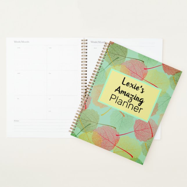 Colourful leaves on Green Personalized Spiral Plan Planner (Display)