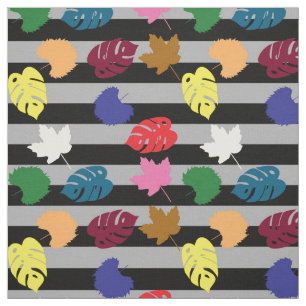 Colourful Leaves On Grey Ash Black Stripes Design Fabric