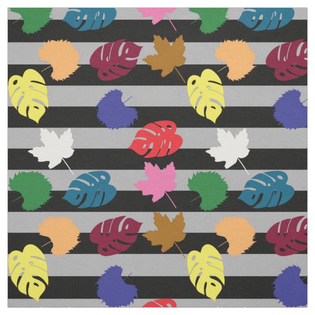 Colourful Leaves On Grey Ash Black Stripes Design Fabric (Swatch)