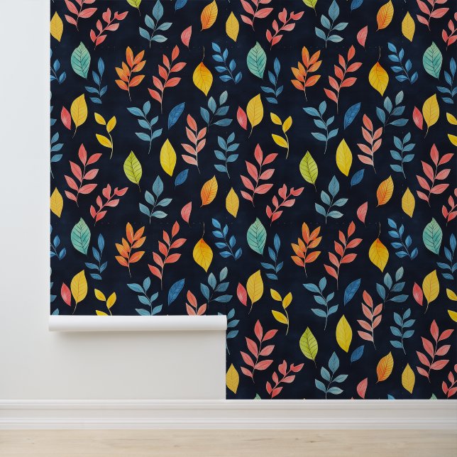 Colourful Leaves Pattern Chalk Drawings Black Bckg Wallpaper (Application)