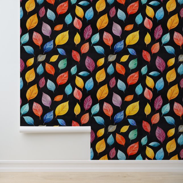 Colourful Leaves Pattern Chalk Drawings Black Bckg Wallpaper (Application)