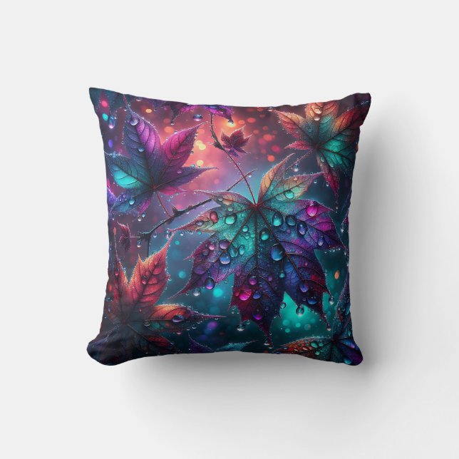 “Colourful Leaves with Raindrops" Throw Pillow (Front)