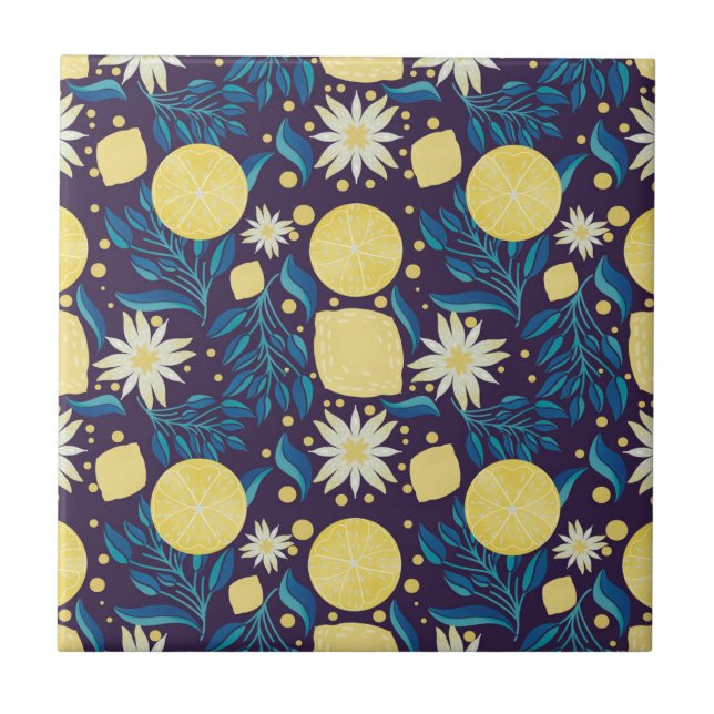 Colourful Lemon Purple Botanical Pattern Tile (Front)