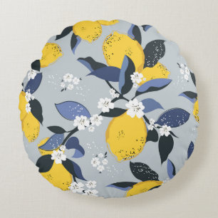 Colourful Lemons: Citrus Floral Pattern Round Pillow