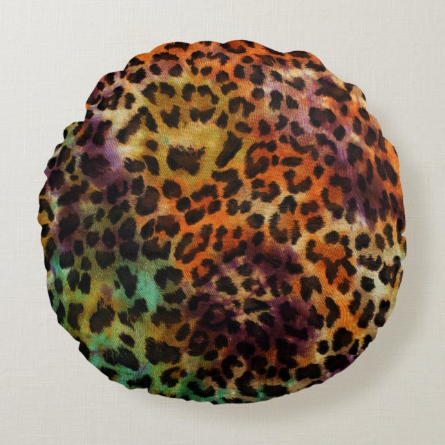 Colourful Leopard: Abstract Vintage Texture Round Pillow (Front)