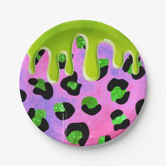 Colourful Leopard Green Slime 00th Birthday Party Paper Plate (Front)