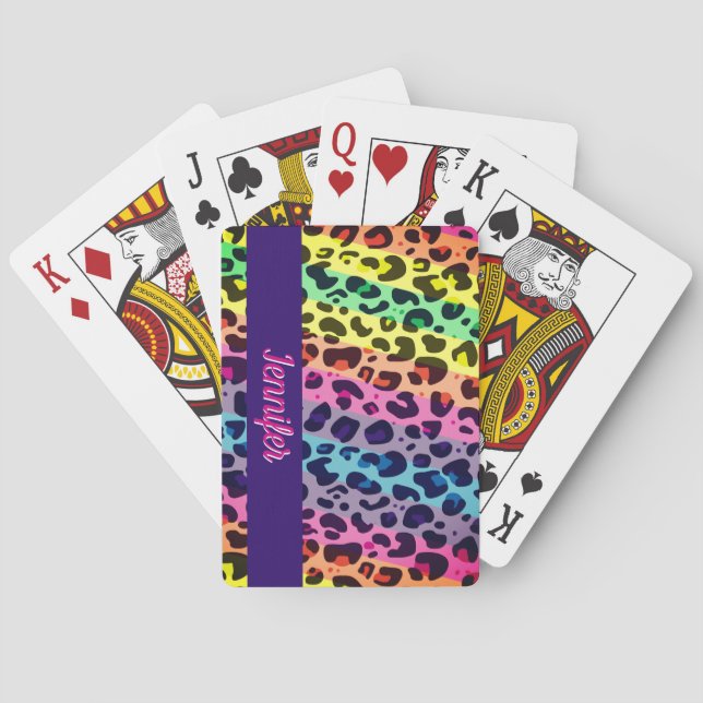 Colourful leopard spots with name rainbow playing cards (Back)