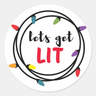 Colourful Lets get Lit Holiday String Lights Classic Round Sticker