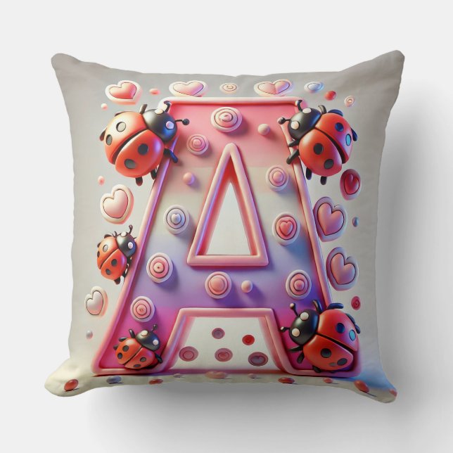 Colourful Letter 'A' Surrounded by Ladybugs Throw Pillow (Front)
