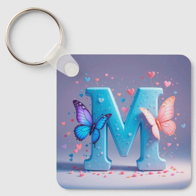 Colourful Letter M with Butterflies Keychain (Front)