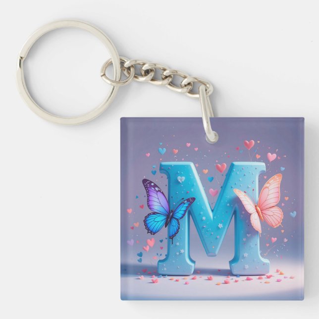 Colourful Letter M with Butterflies Keychain (Front)
