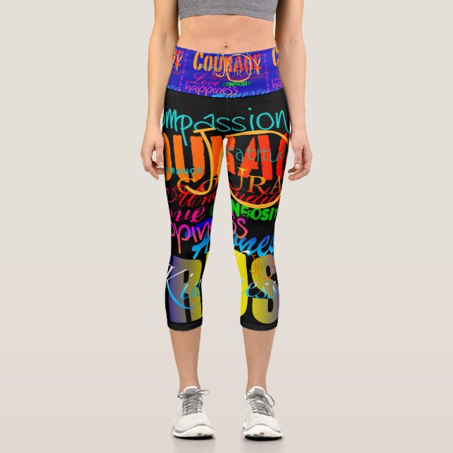Colourful Lettering 80's Style Positive Qualities  Capri Leggings (Front)