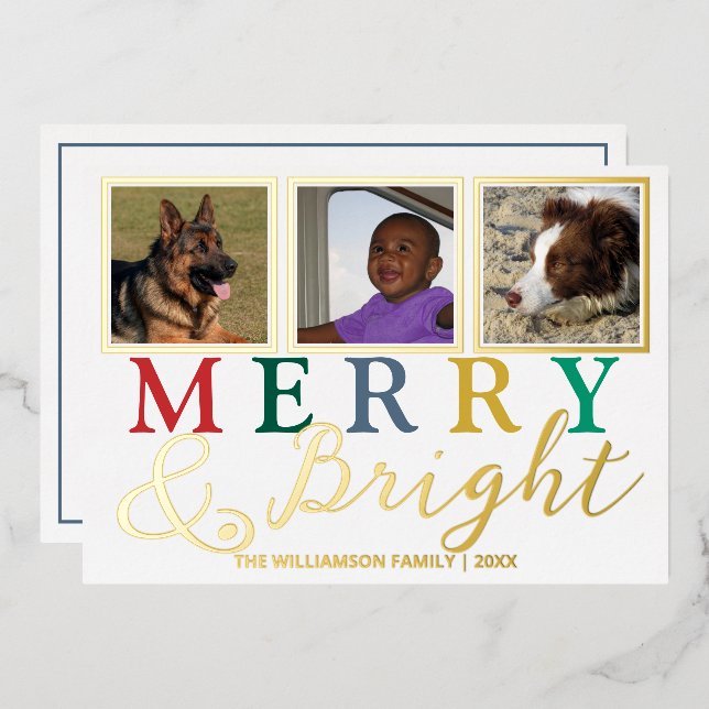 Colourful Letters 3 Photo Chic Merry Bright Gold Foil Holiday Card (Front/Back)