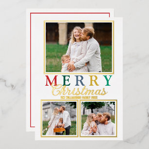 Colourful Letters 3 Photo Chic Merry Christmas Gol Foil Holiday Card