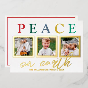 Colourful Letters 3 Photo Chic Peace On Earth Gold Foil Holiday Card