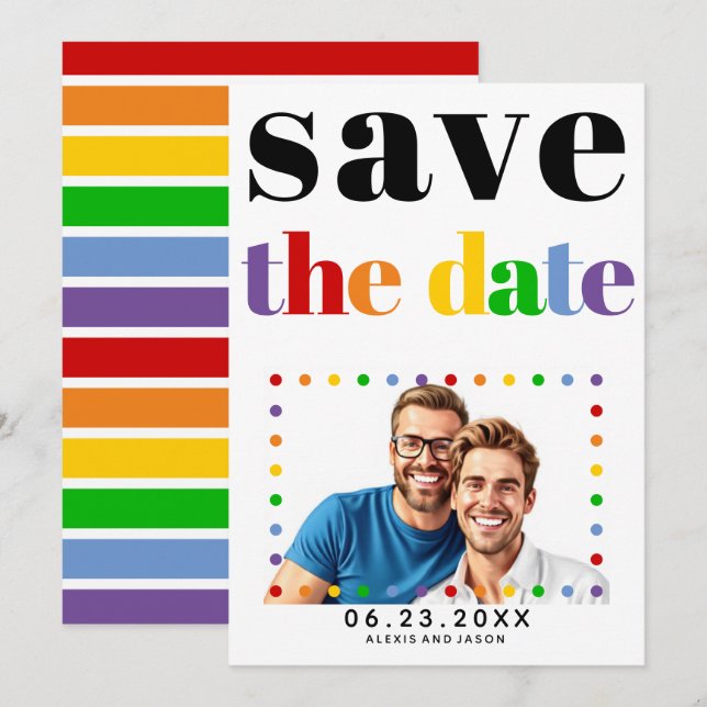 Colourful letters, dots and stripes black gay phot save the date (Front/Back)