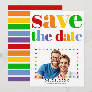 Colourful letters, dots and stripes gay photo save the date