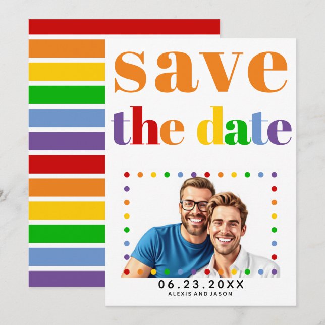 Colourful letters dots and stripes orange gay phot save the date (Front/Back)