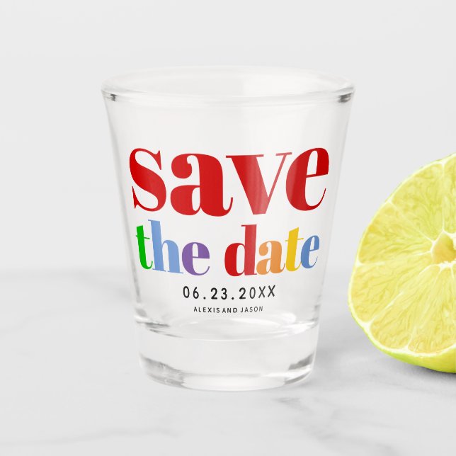 Colourful letters, dots and stripes red gay photo shot glass (Front)