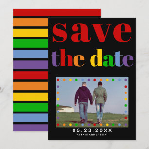 Colourful letters dots, stripes black red gay phot save the date