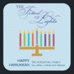 Colourful Light Blue Menorah Hanukkah Square Sticker<br><div class="desc">Here's a fun graphic look for a Hanukkah sticker. A colourful menorah highlights a striped pale blue panel with an ornate "Festival of Lights" in a typographic treatment above. A special customized message goes underneath. Great as envelope seals or for sticking on holiday packages or gifts. Available in alternate colours...</div>