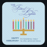 Colourful Light Blue Menorah Hanukkah Square Sticker<br><div class="desc">Here's a fun graphic look for a Hanukkah sticker. A colourful menorah highlights a striped pale blue panel with an ornate "Festival of Lights" in a typographic treatment above. A special customized message goes underneath. Great as envelope seals or for sticking on holiday packages or gifts. Available in alternate colours...</div>