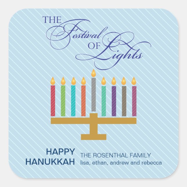 Colourful Light Blue Menorah Hanukkah Square Sticker (Front)