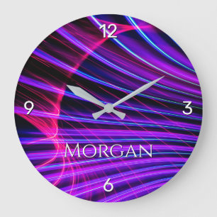 Colourful Light Curve on Black, DIY Name, 4 Number Large Clock