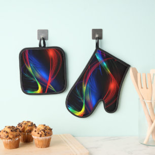 Colourful Lights on Black Oven Mitt & Pot Holder Set