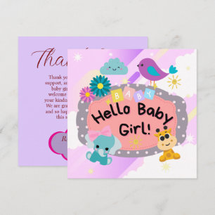 Colourful Lilac Animal Baby Shower Girl Cute Pink  Thank You Card