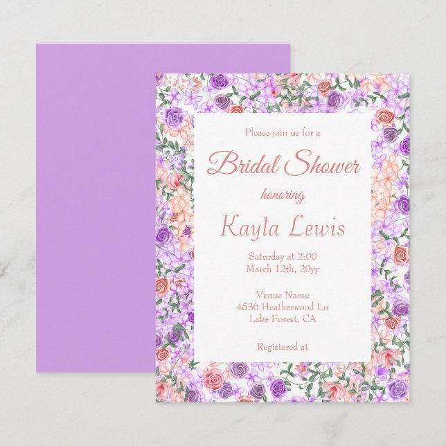 Colourful Lilac & Peach Floral Bridal Shower Invitation (Front/Back)