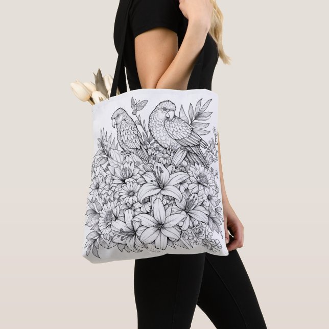 Colourful Lilly A nd Parrots With Flowers Colourin Tote Bag (Close Up)
