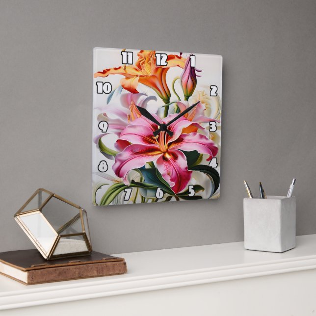 Colourful Lily Blooms on White Background Square Wall Clock (Office)