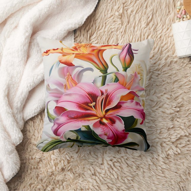 Colourful Lily Blooms on White Background Throw Pillow (Blanket)