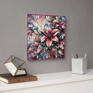 Colourful Lily Patterns With Fractal Design Square Wall Clock