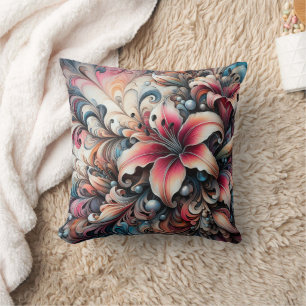 Colourful Lily Patterns With Fractal Design Throw Pillow