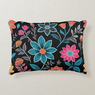 Colourful Linoprint Floral Pattern Accent Pillow