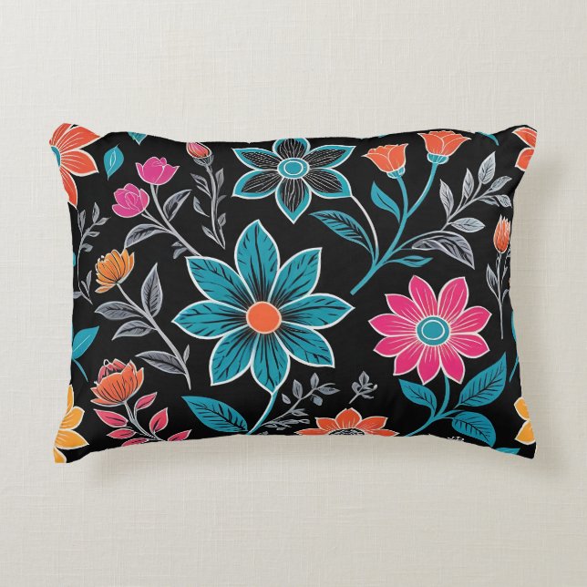 Colourful Linoprint Floral Pattern Accent Pillow (Front)