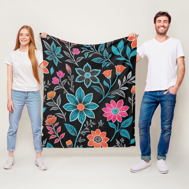Colourful Linoprint Floral Pattern Fleece Blanket (In Situ)