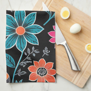 Colourful Linoprint Floral Pattern Kitchen Towel