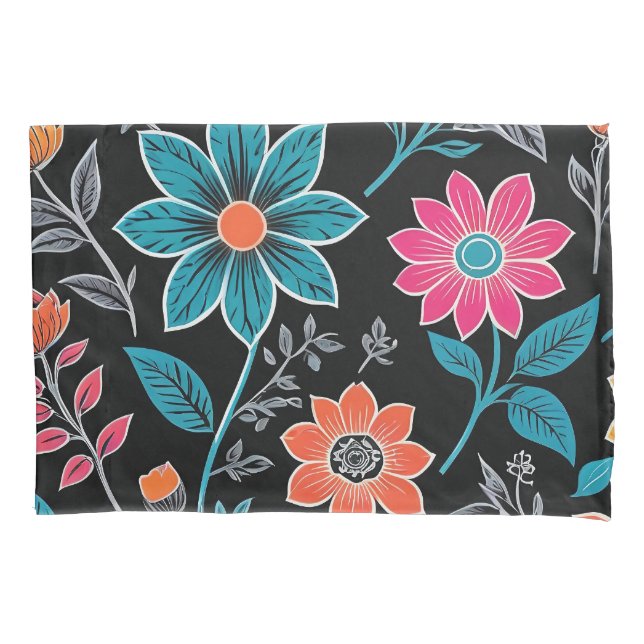 Colourful Linoprint Floral Pattern Pillowcase (Front)