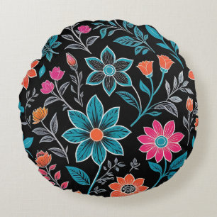 Colourful Linoprint Floral Pattern Round Pillow