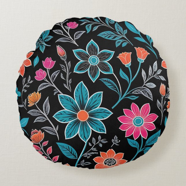 Colourful Linoprint Floral Pattern Round Pillow (Front)