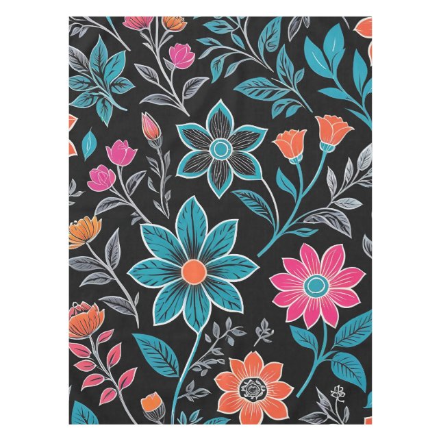 Colourful Linoprint Floral Pattern Tablecloth (Front)