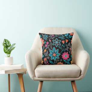 Colourful Linoprint Floral Pattern Throw Pillow