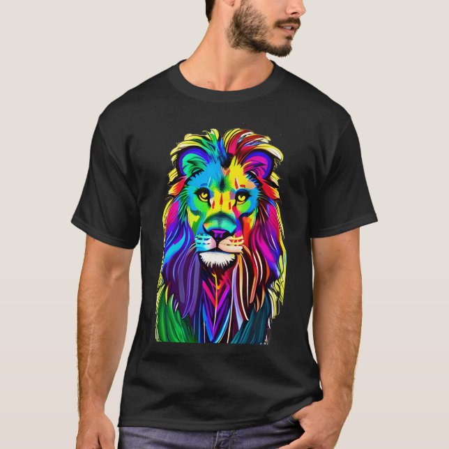 Colourful Lion Face Mystical Fantasy Art T-Shirt (Front)