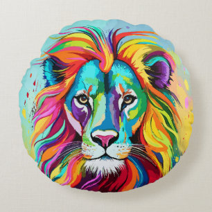 Colourful Lion Head Portrait Round Pillow
