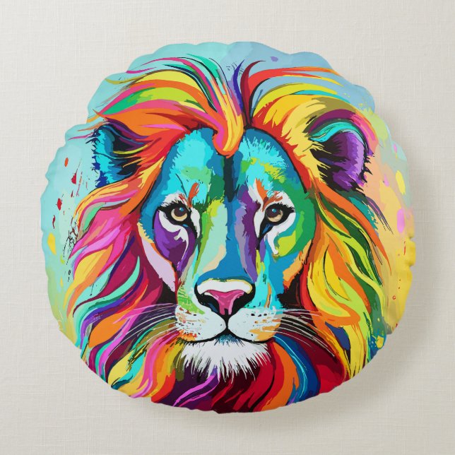 Colourful Lion Head Portrait Round Pillow (Front)