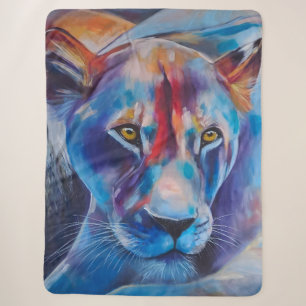 Colourful Lioness Art - Hand Painted Wildlife Deco Sherpa Blanket